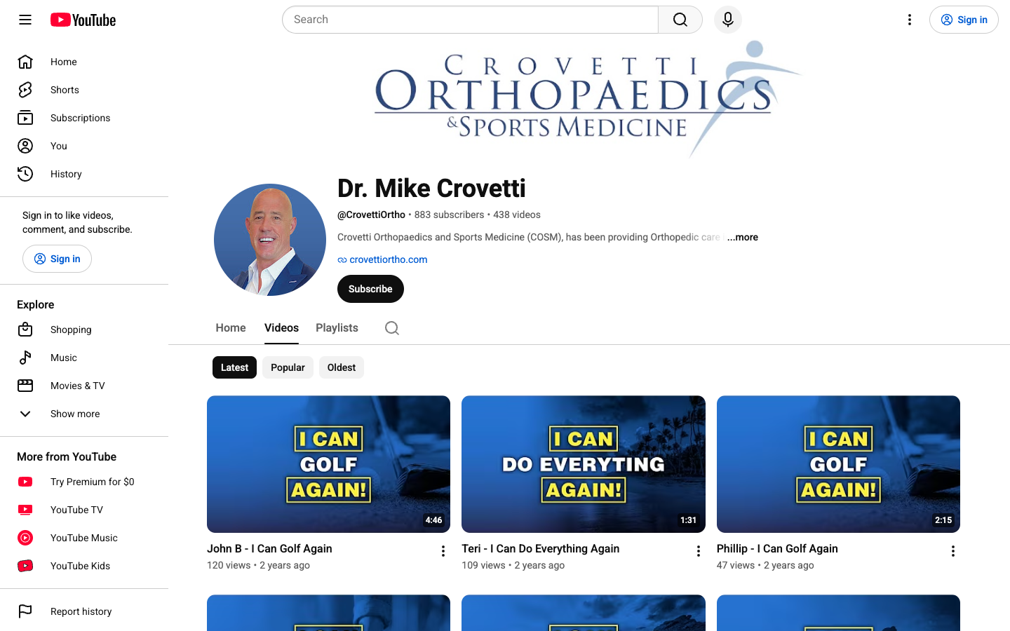 The Crovetti Orthopaedics YouTube channel showing 883 subscribers, 438 videos, and every recent upload stamped two years ago
